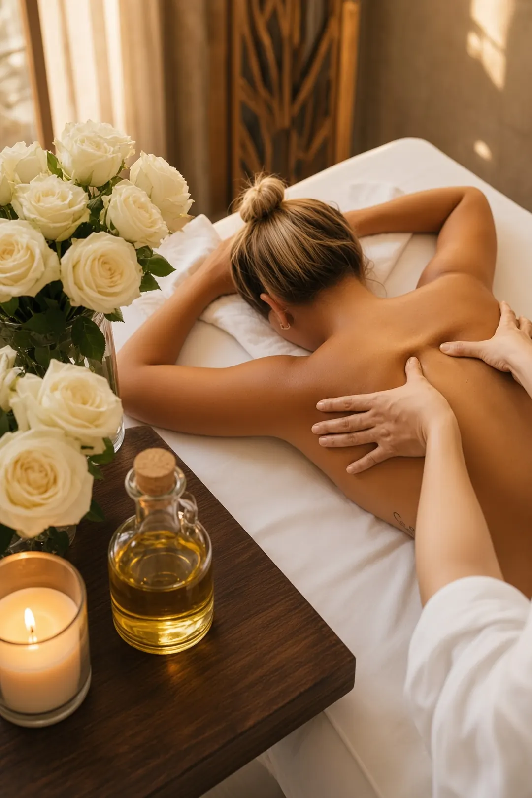 Ontspannen spa-setting met bloemen en huidolie